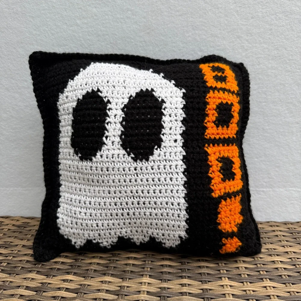 Handmade Crochet Ghost BOO Halloween Pillow 12x12 Black Orange White Decor